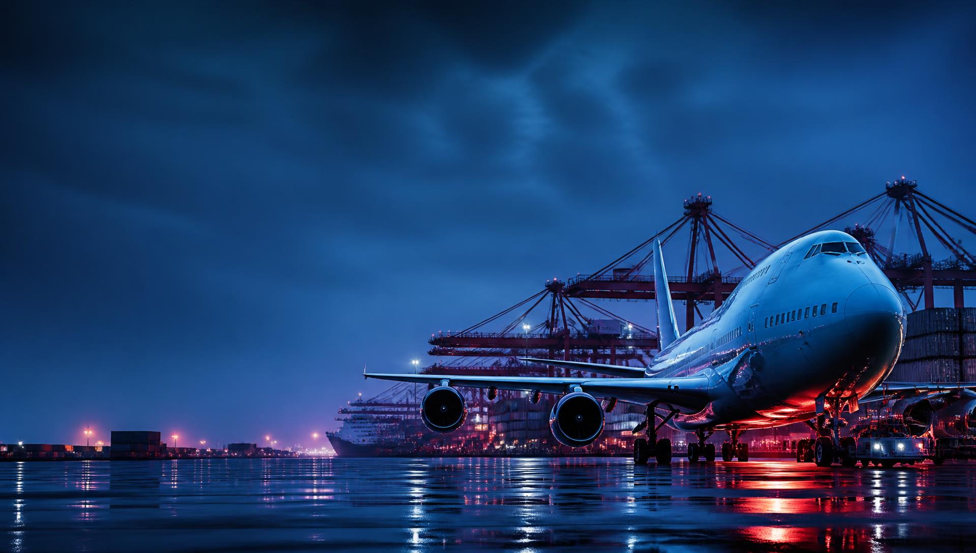 Cargo aircraft, container cranes and freight ship at a global Xpressa logistics hub at blue hour