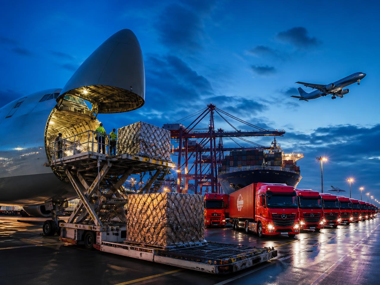 Xpressa cargo aircraft, container ship and delivery trucks at a global logistics hub